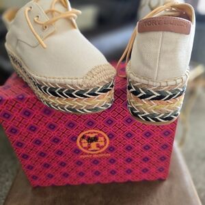 Tory Burch Cream and Tan Platform Espadrilles